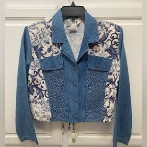 Vintage d.Frank Blue White Textured Scroll Print Denim Jacket Women Size 6
